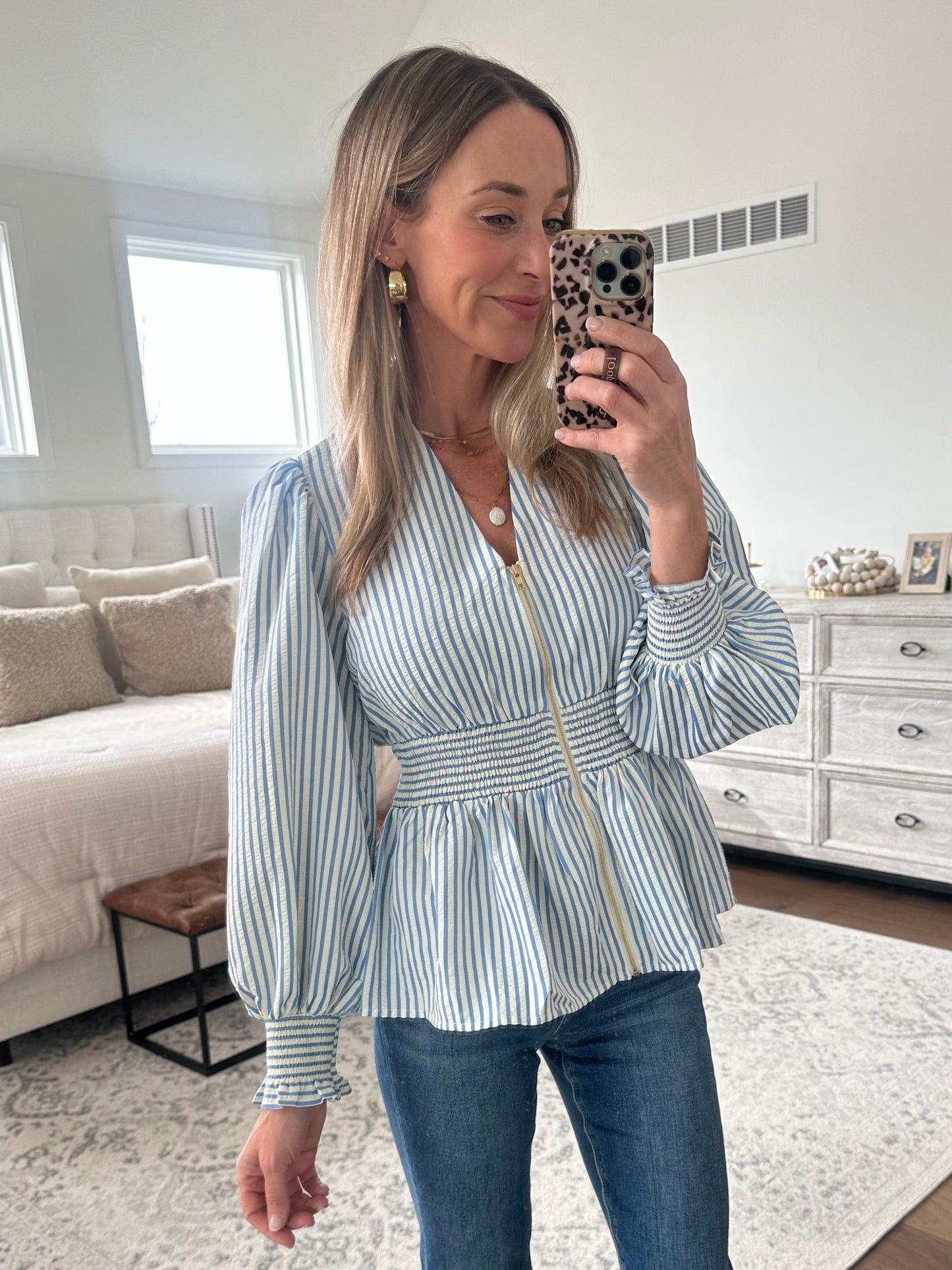 Striped Zip Blouse- Blue