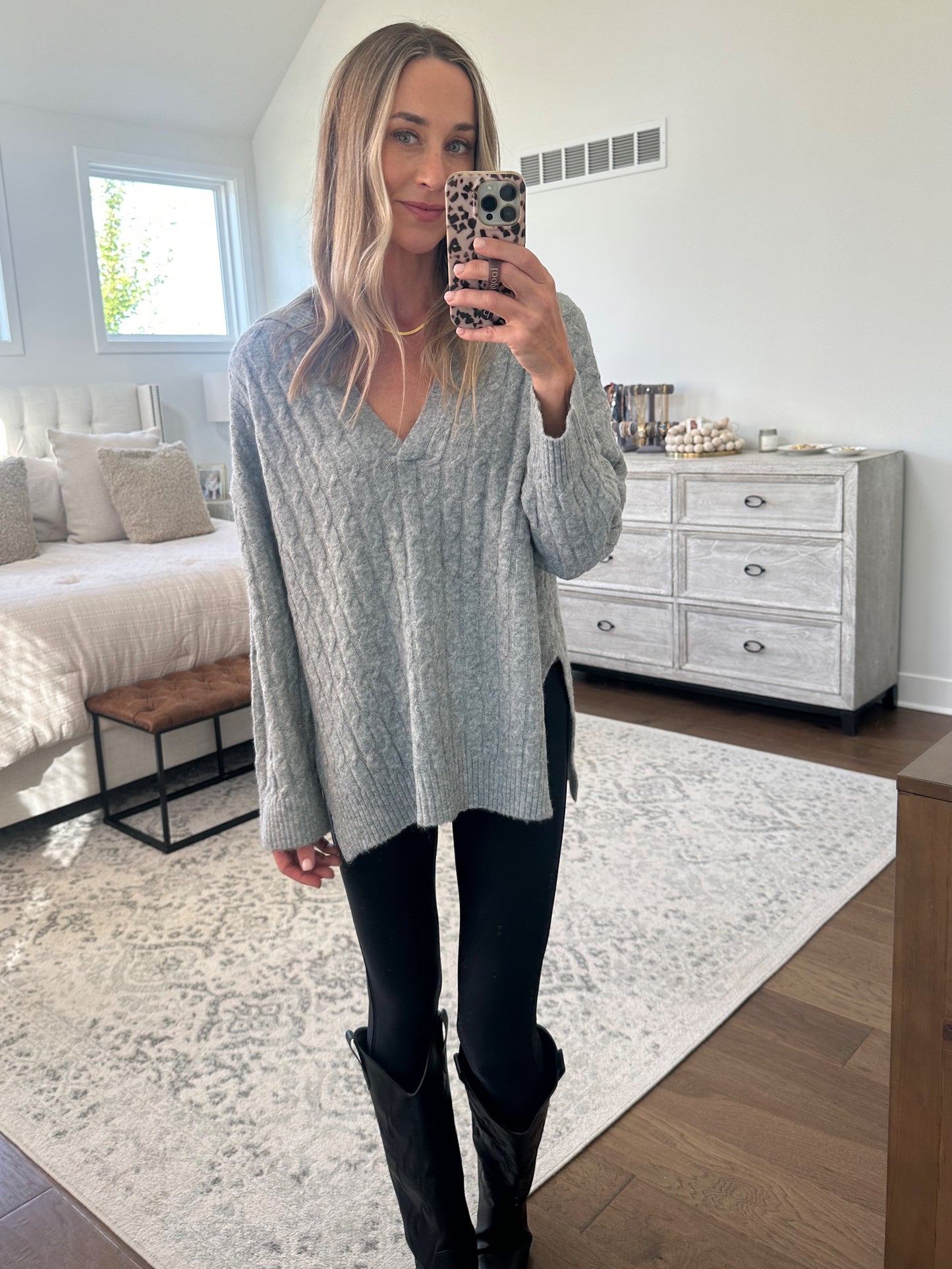 Cable Knit V Neck Sweater- Grey