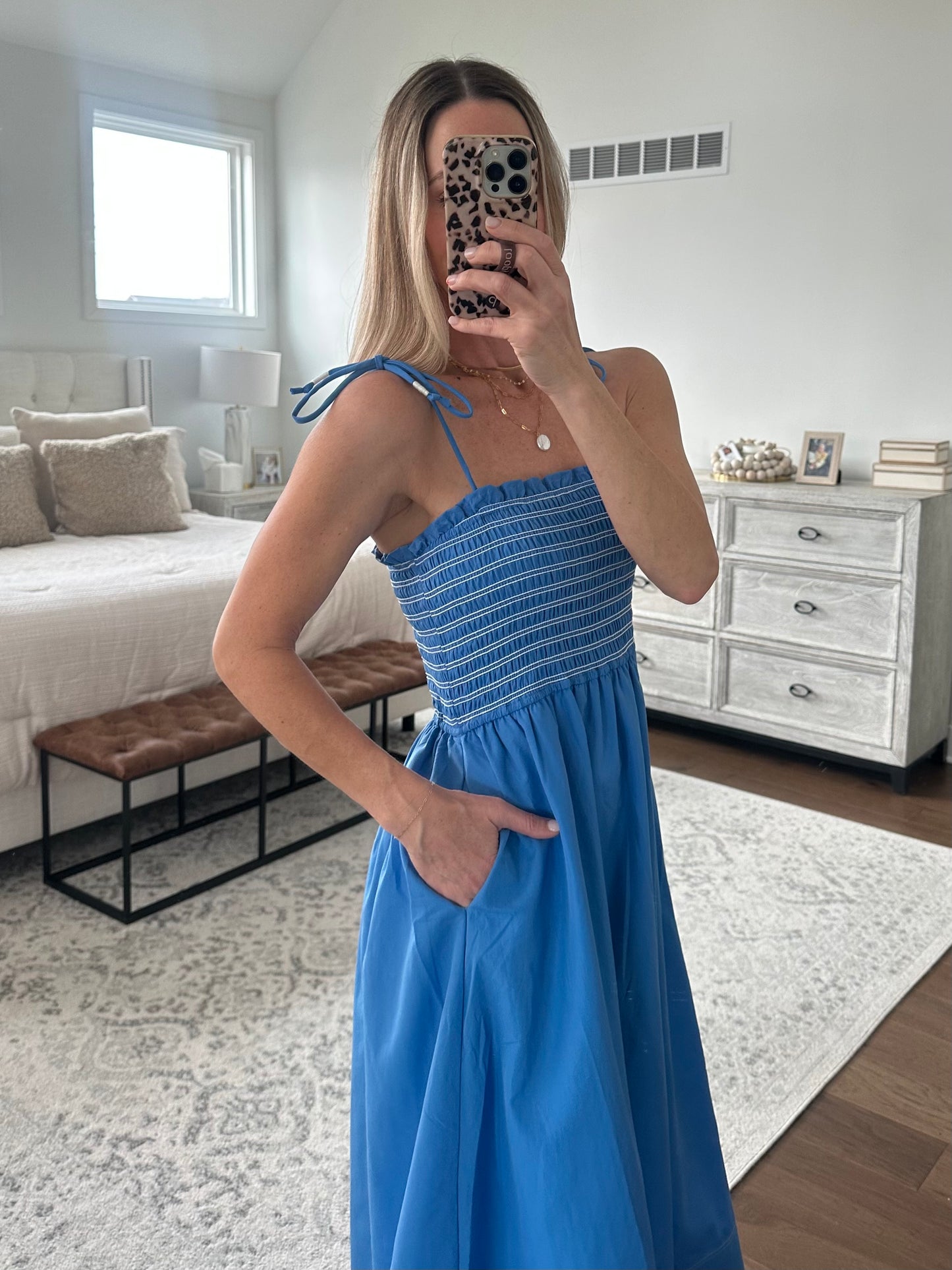 Blue Smocked Maxi Dress