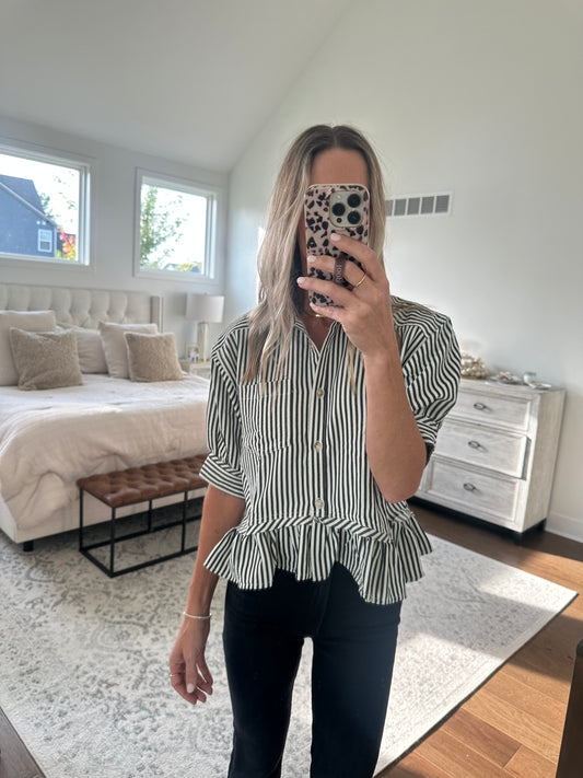 Black Striped Ruffle Hem Top
