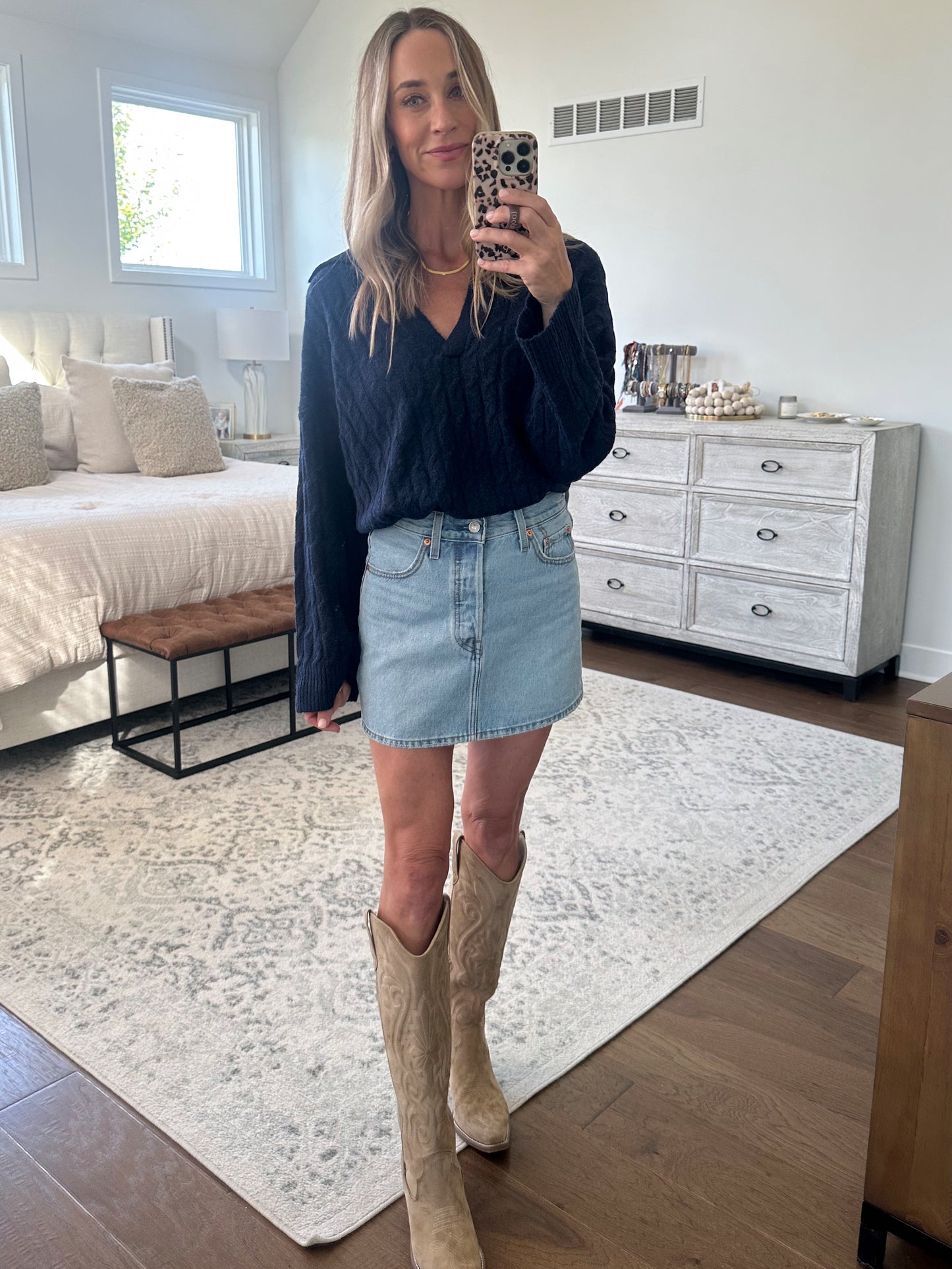 Cable Knit V Neck Sweater- Navy