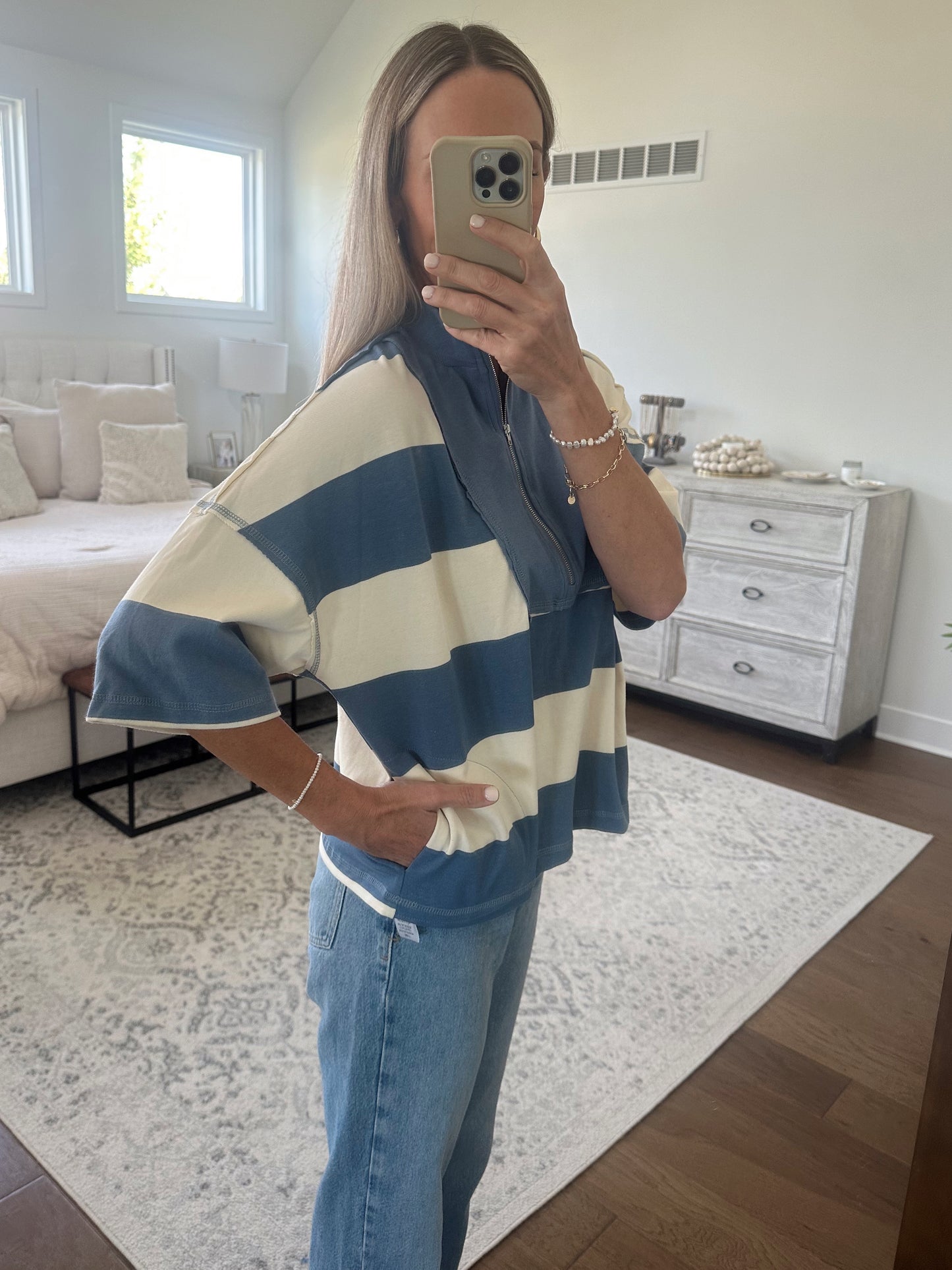 Half Zip Top- Blue/Ivory