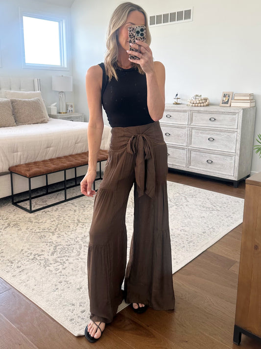 Ruffle Wide Leg Pant- Brown
