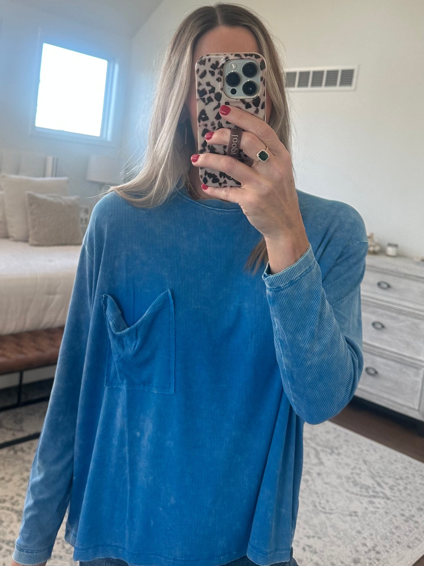 Long Sleeve Pocket Tee- Blue