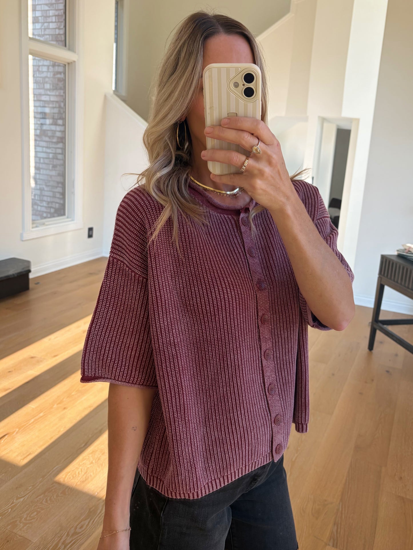 Short Sleeve Cardi- Burgundy