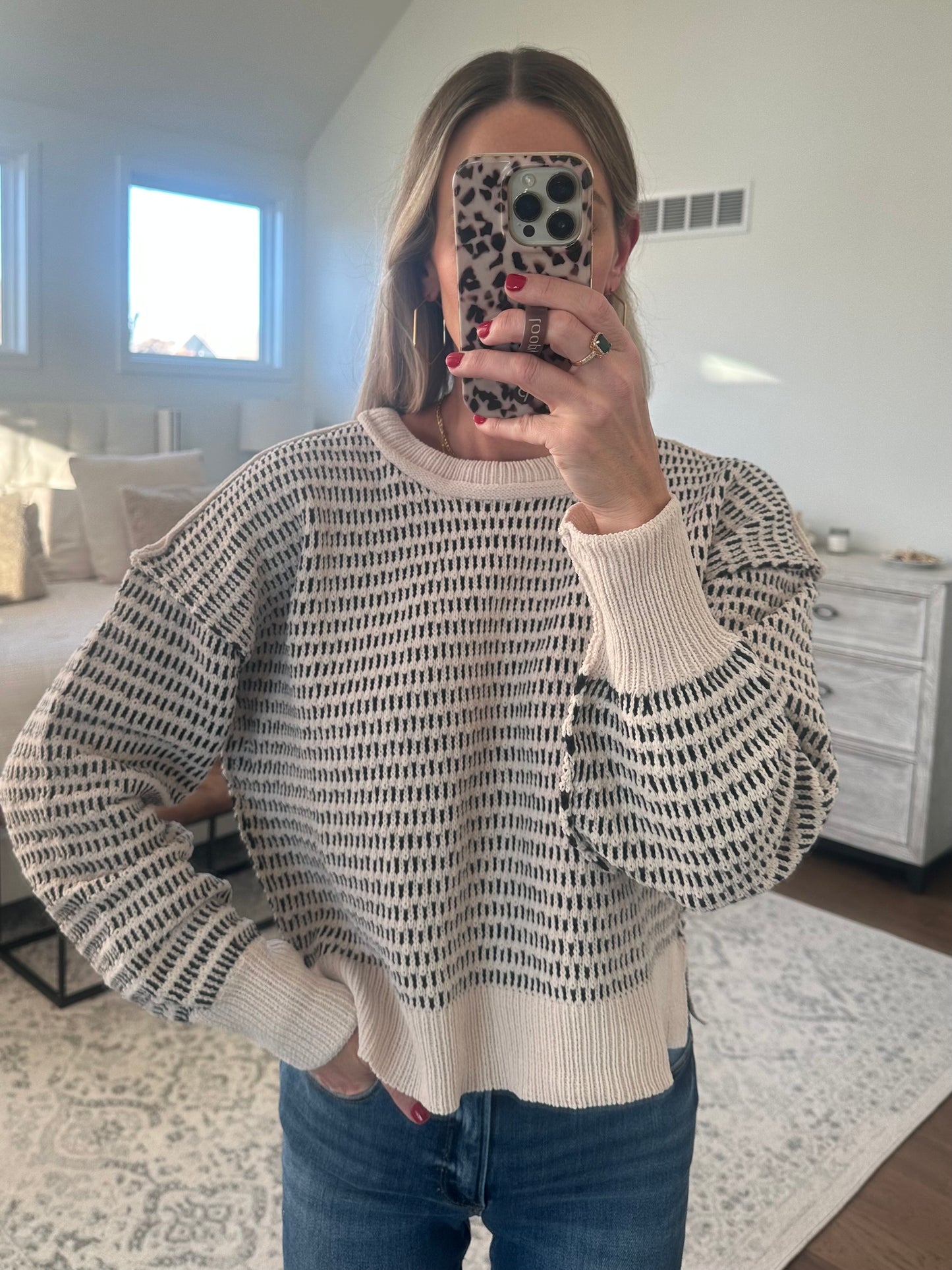 Cream & Black Printed Sweater