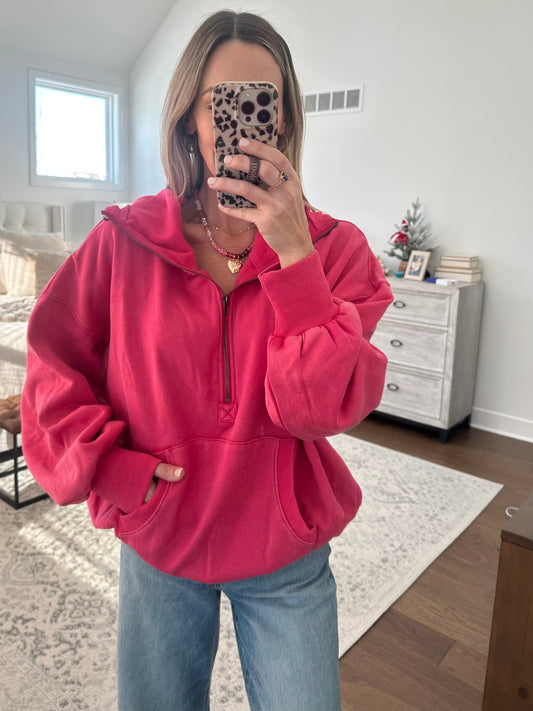 Half Zip Hoodie- Fuchsia