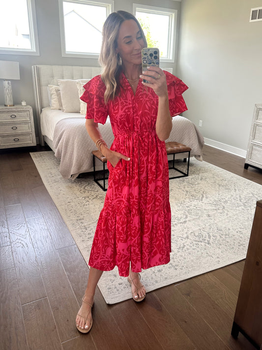 Red Flutter Sleeve Maxi