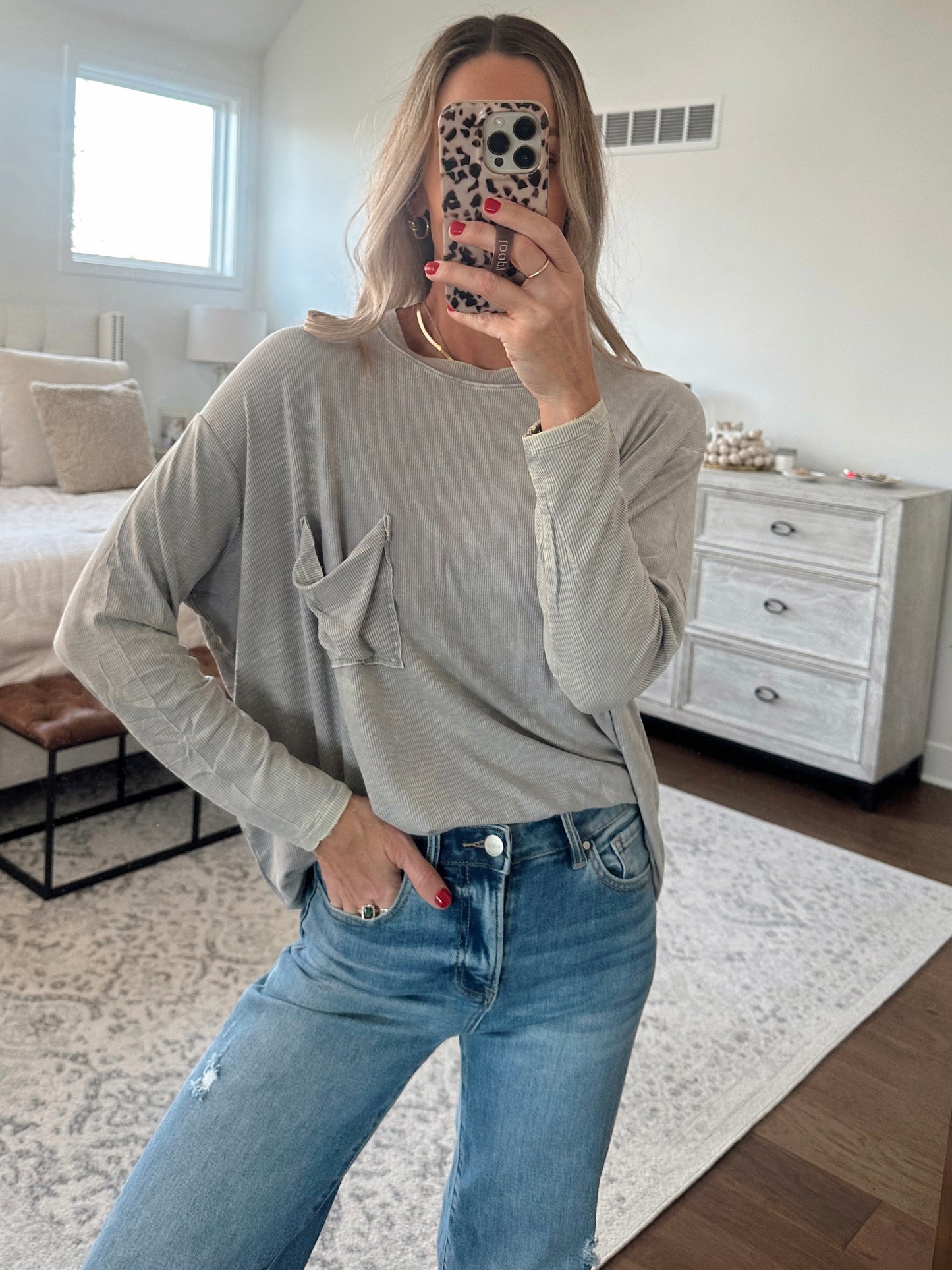 Long Sleeve Pocket Tee- Sleet Grey