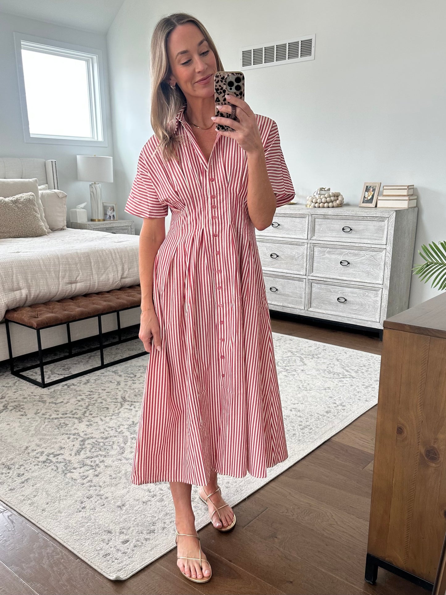 Seersucker Pintuck Dress-Red