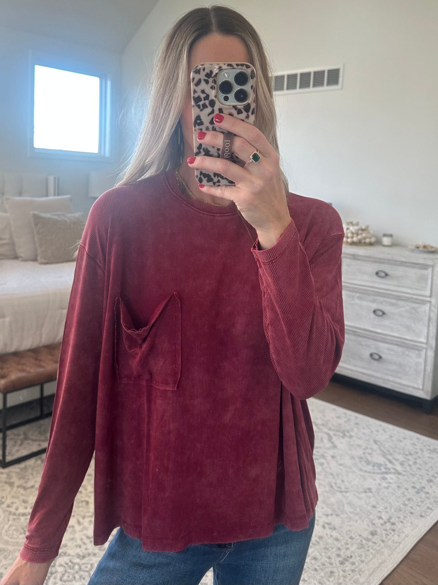 Long Sleeve Pocket Tee- Wine