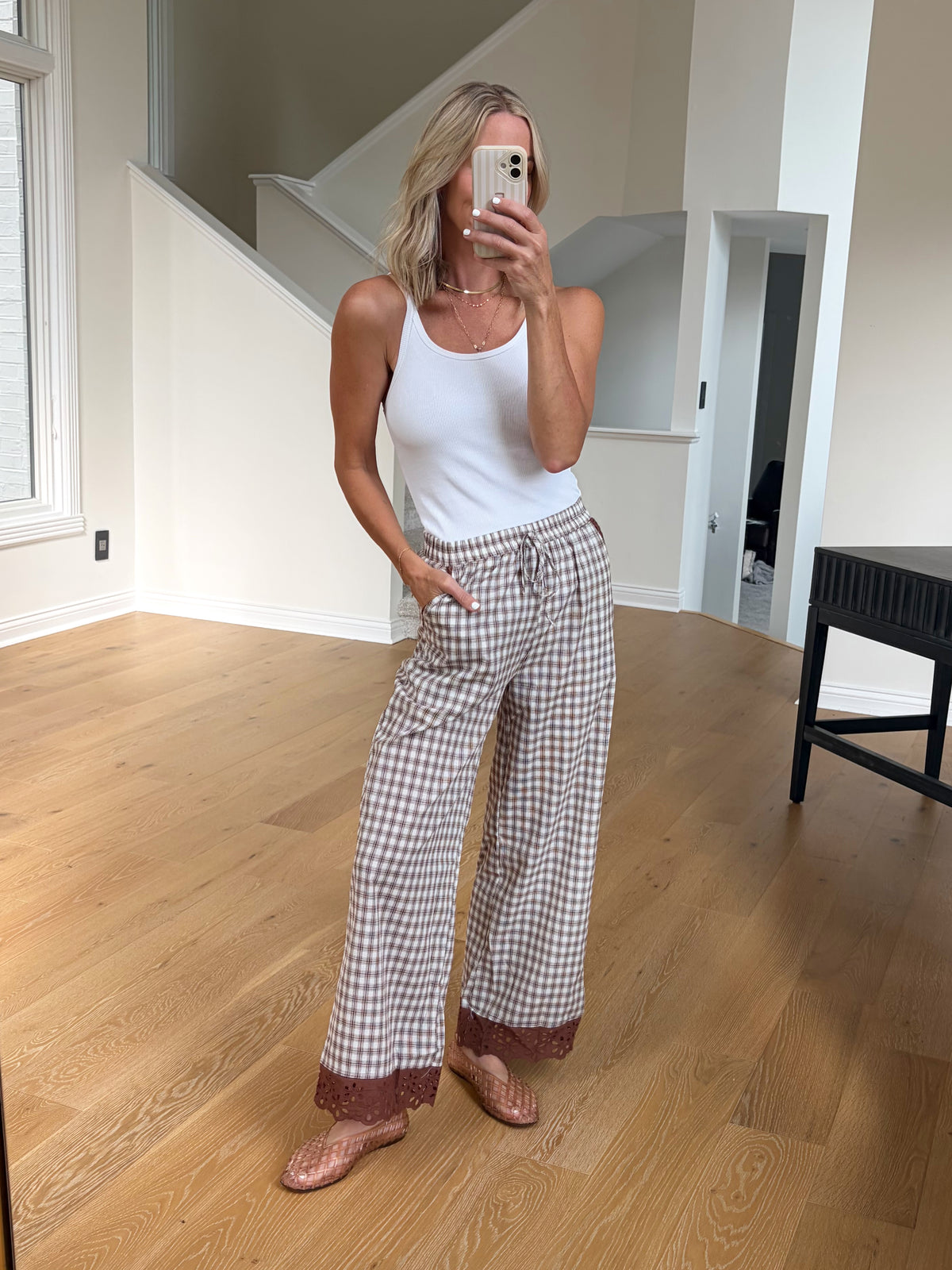 Lace Trim Gingham Pants