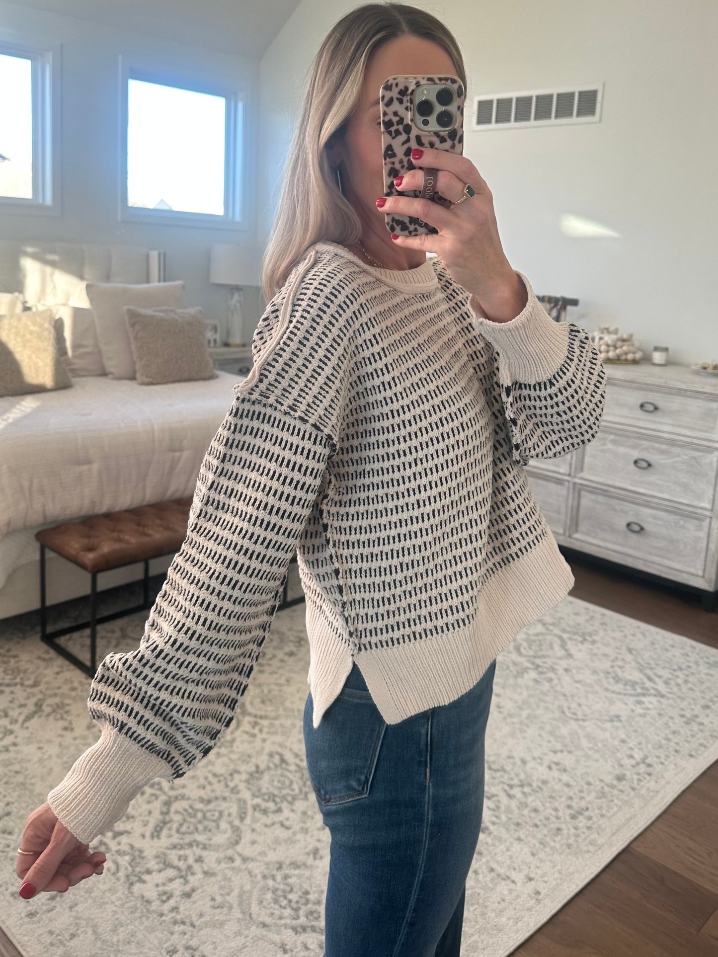 Cream & Black Printed Sweater