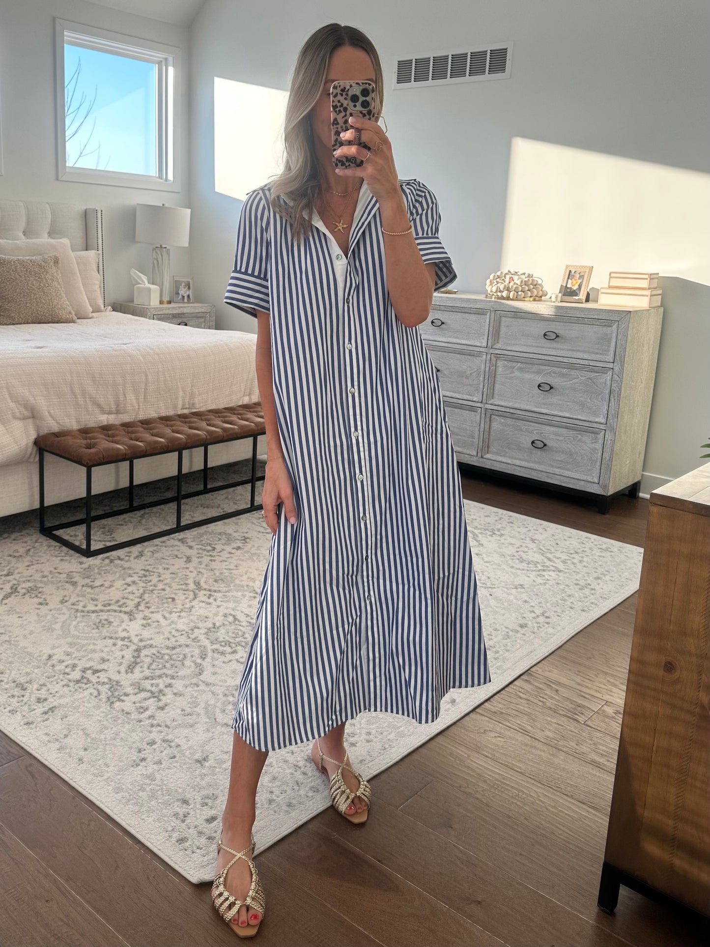 Striped Shirt Dress- Navy