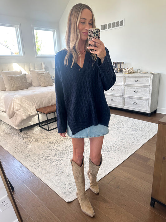 Cable Knit V Neck Sweater- Navy