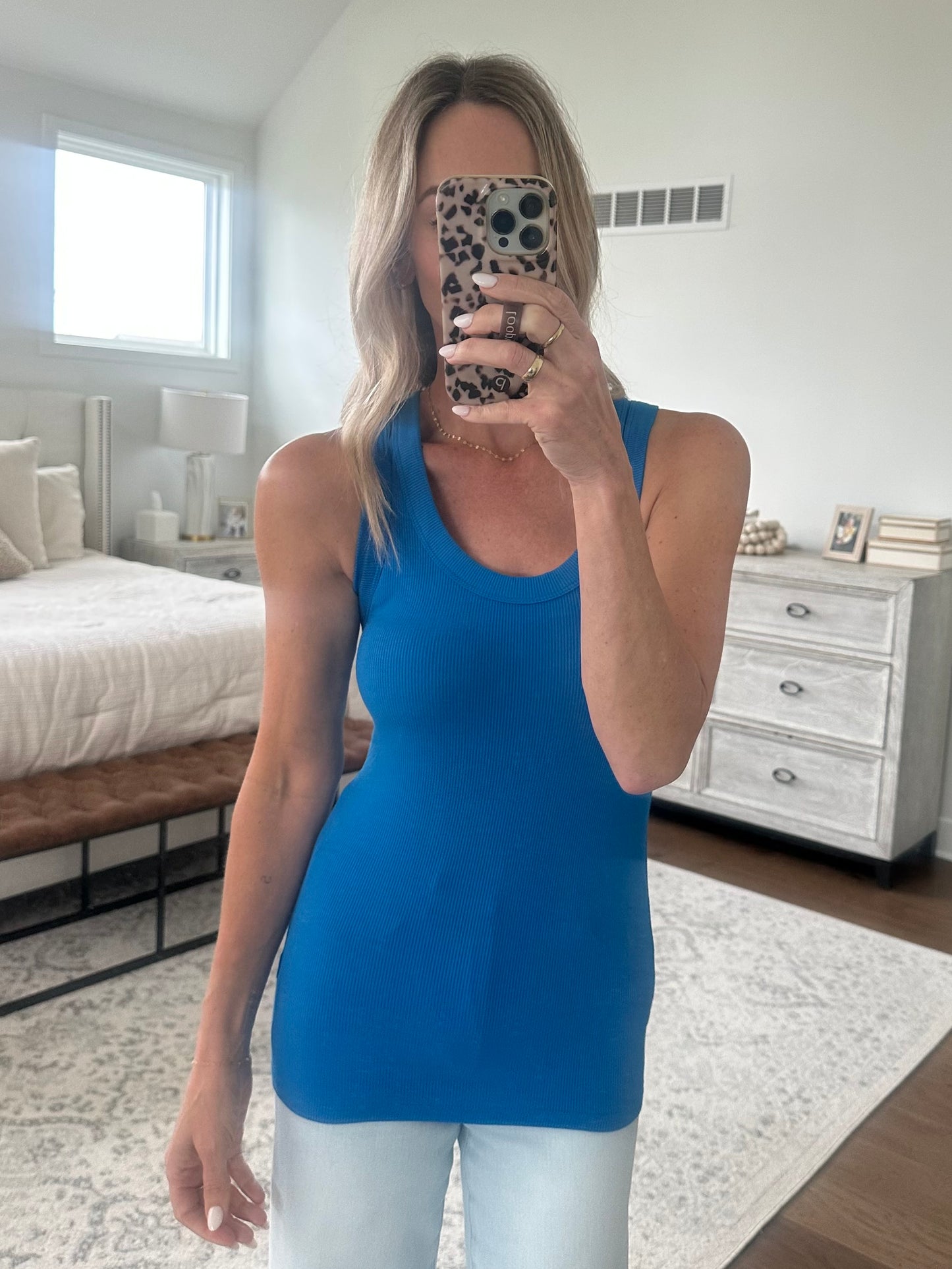 Scoop Neck Ribbed Tank- Blue