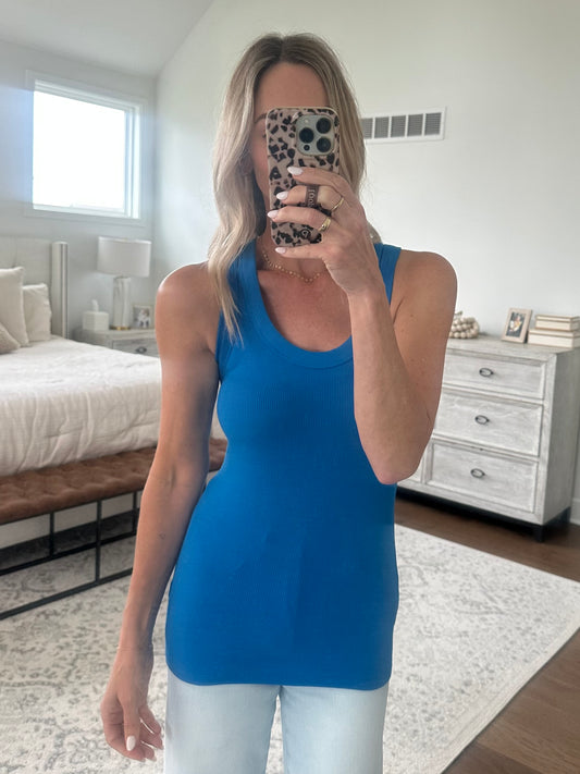 Scoop Neck Ribbed Tank- Blue