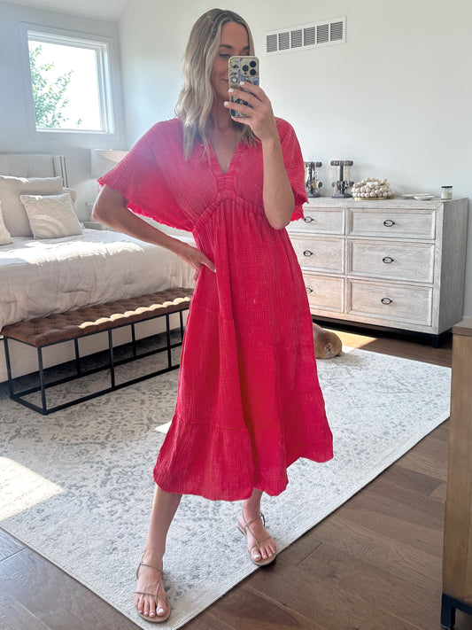 Red V Neck Maxi Dress