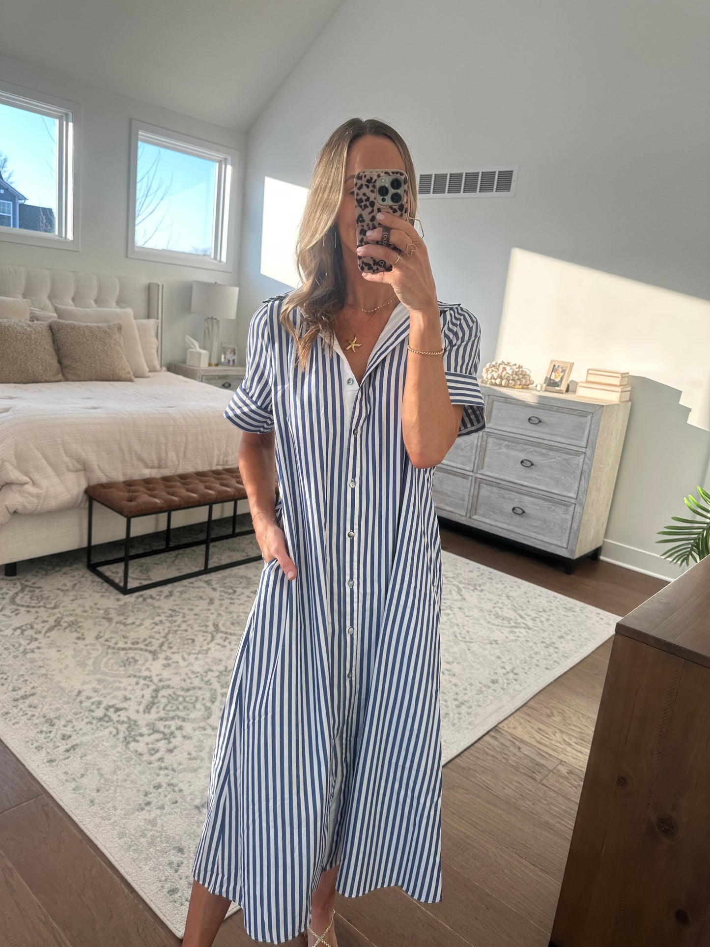 Striped Shirt Dress- Navy