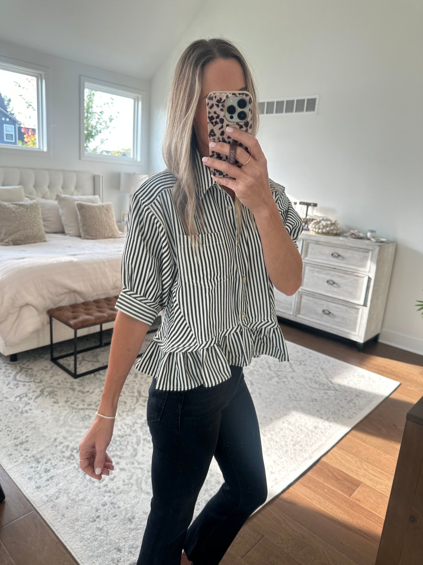 Black Striped Ruffle Hem Top
