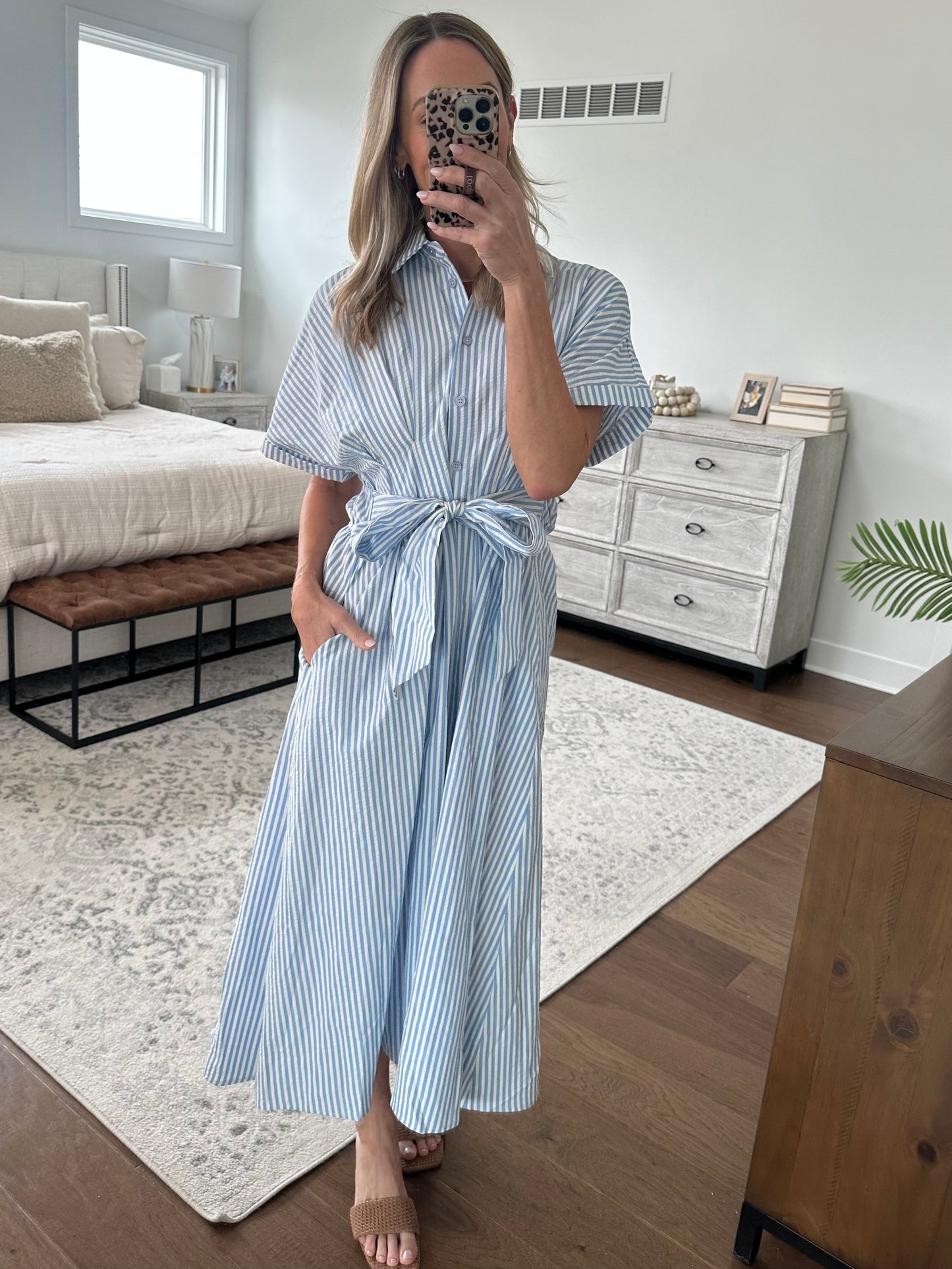 Seersucker Tie Waist Dress- Blue