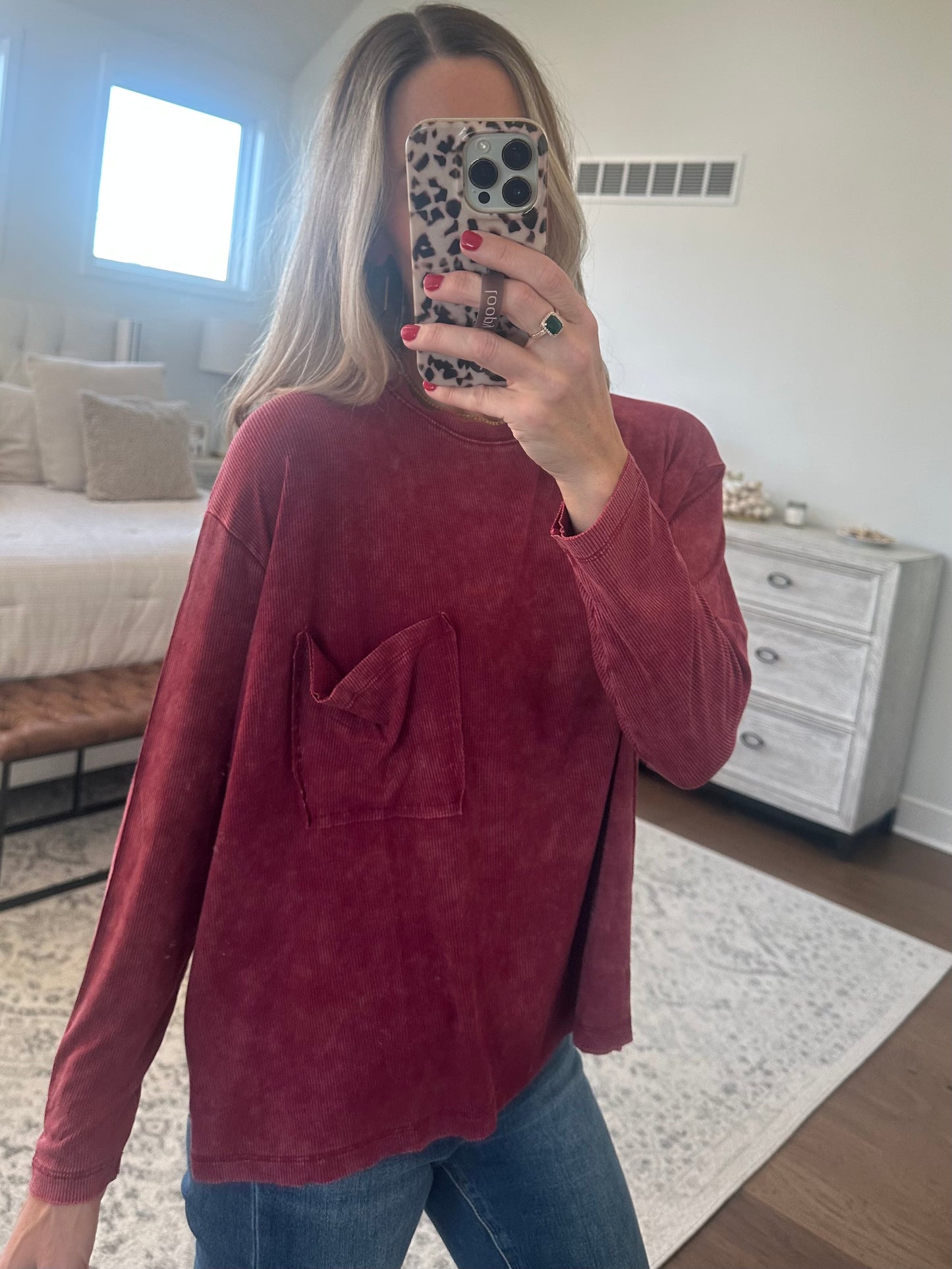 Long Sleeve Pocket Tee- Wine