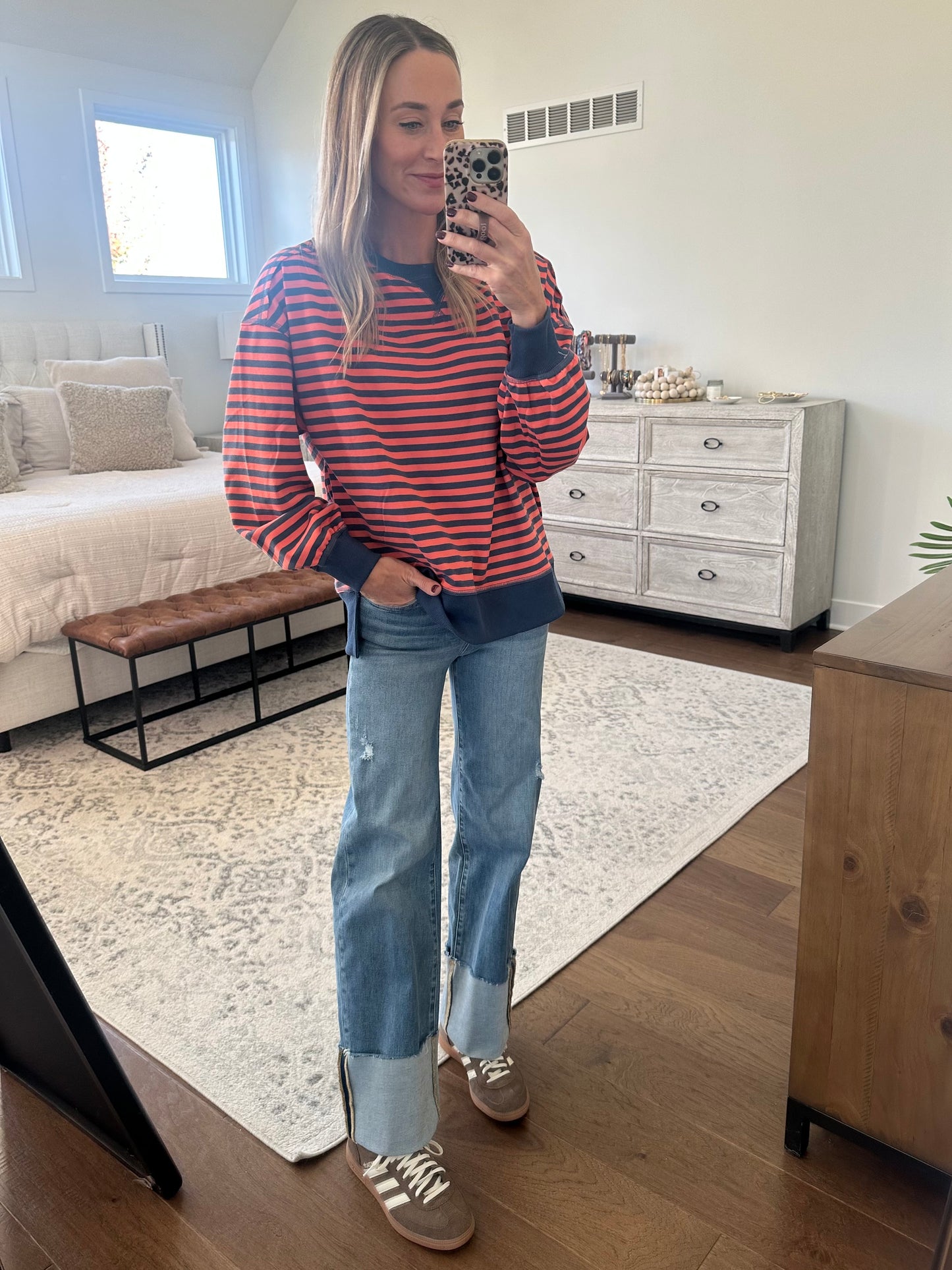 Coral & Navy Striped Top