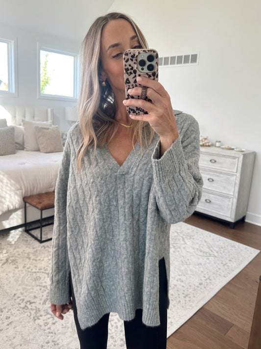 Cable Knit V Neck Sweater- Grey