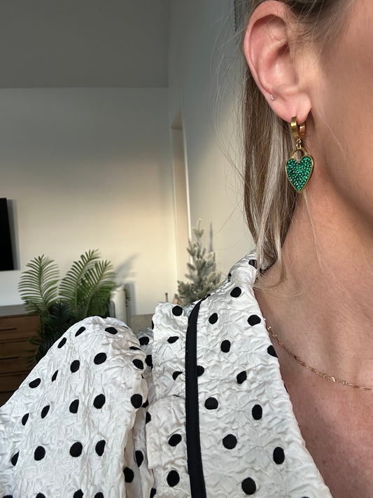 Green Rhinestone Heart Earrings