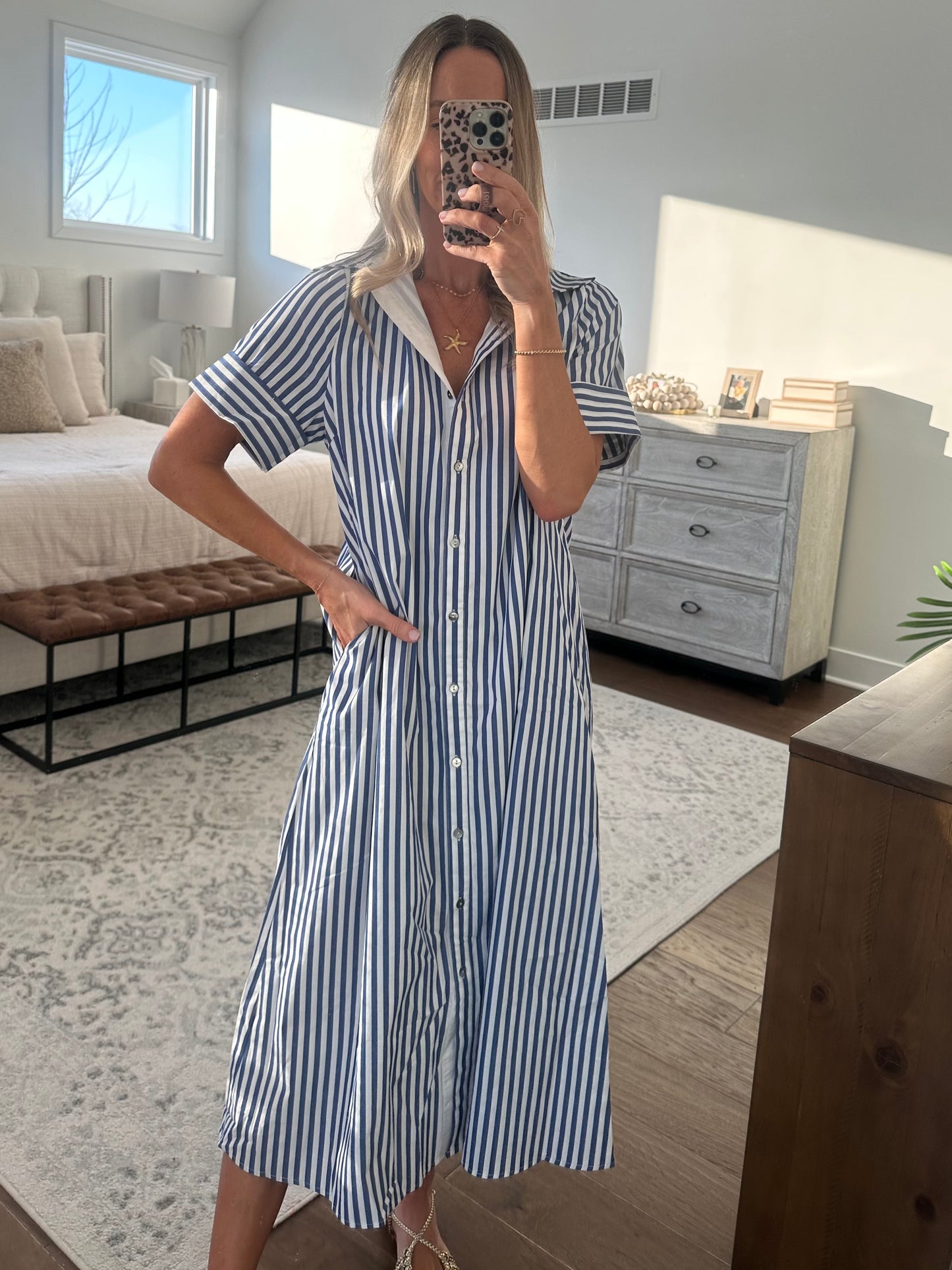 Striped Shirt Dress- Navy