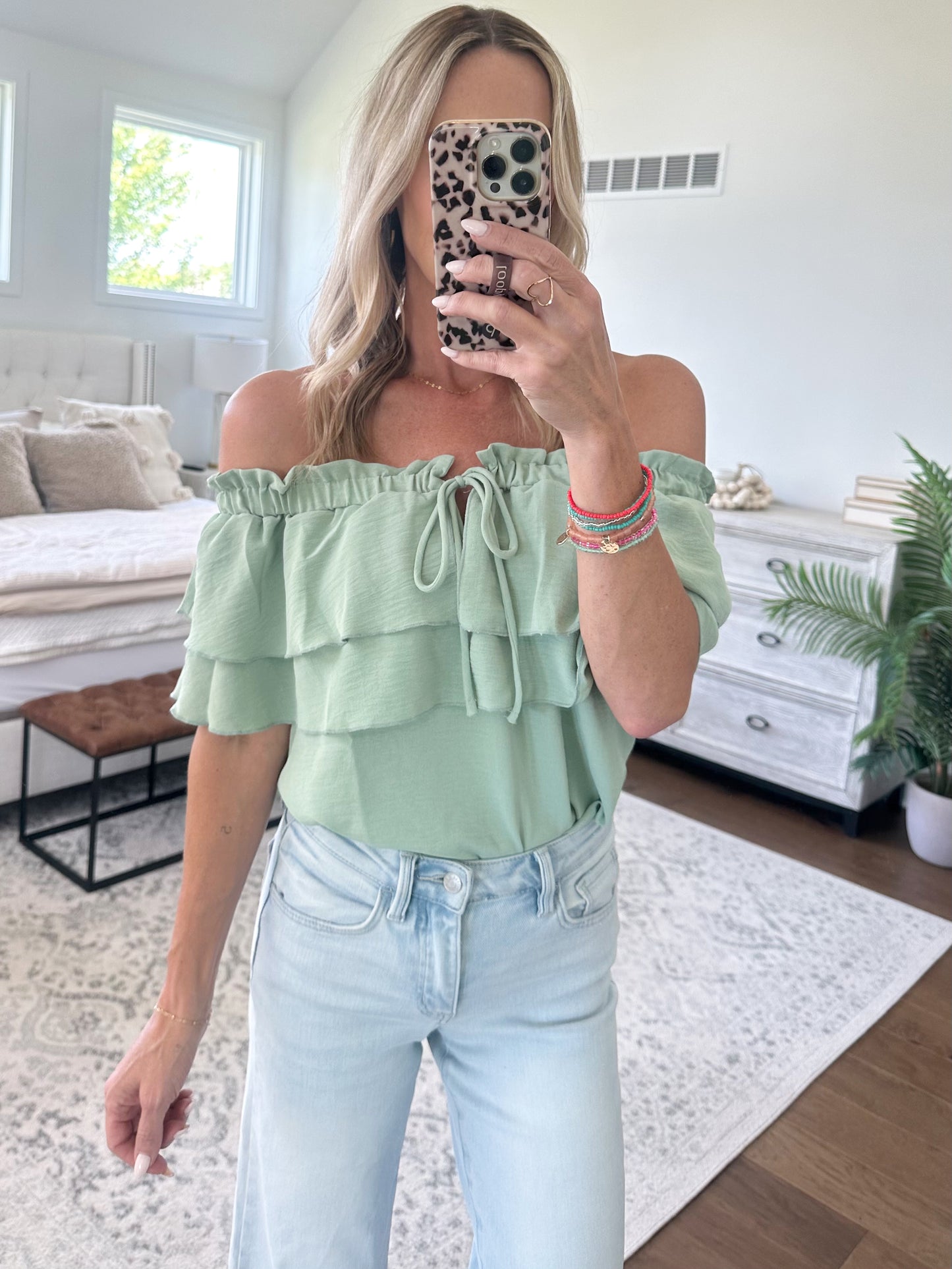 Off The Shoulder Ruffle Top- Sage