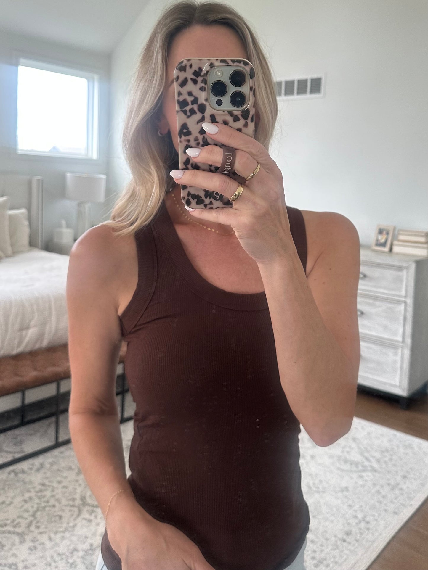 Scoop Neck Ribbed Tank- Brown