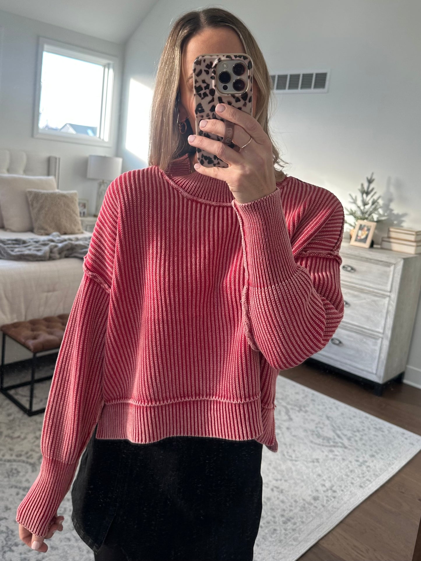 Oversized Cropped Sweater-Red