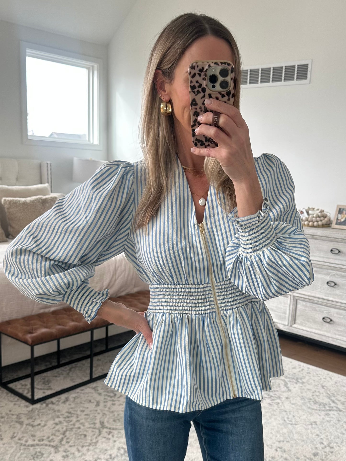 Striped Zip Blouse- Blue
