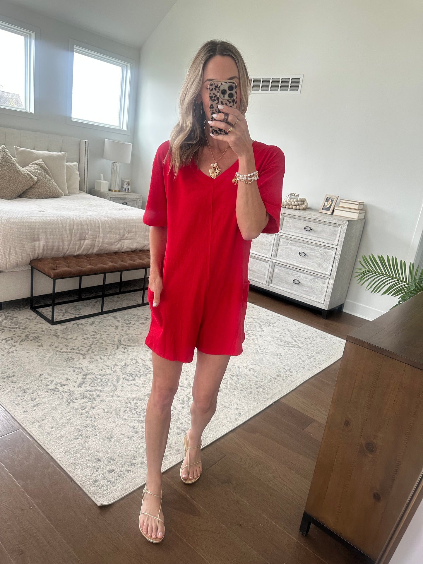 V or Scoop Romper- Cherry