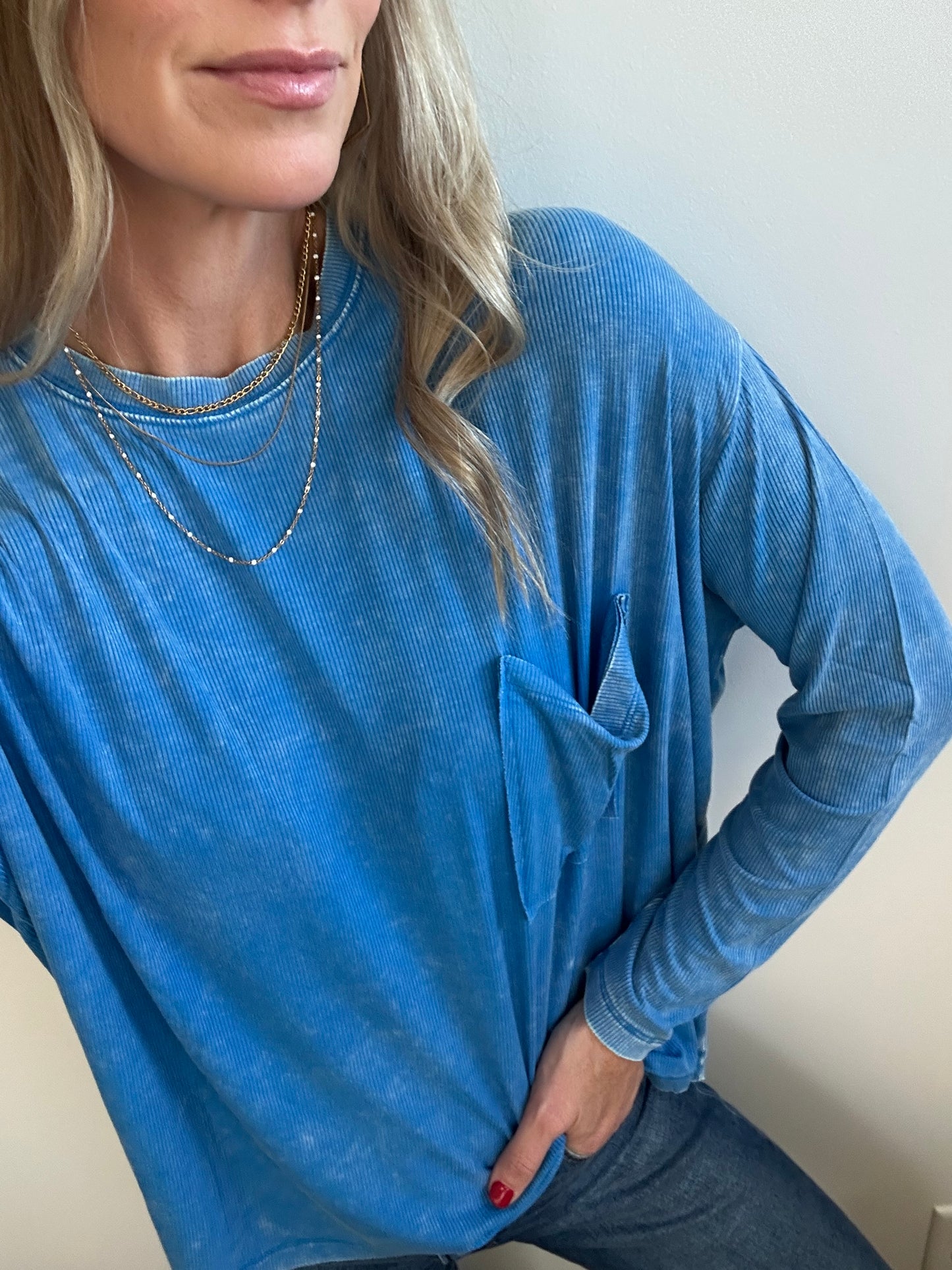 Long Sleeve Pocket Tee- Blue
