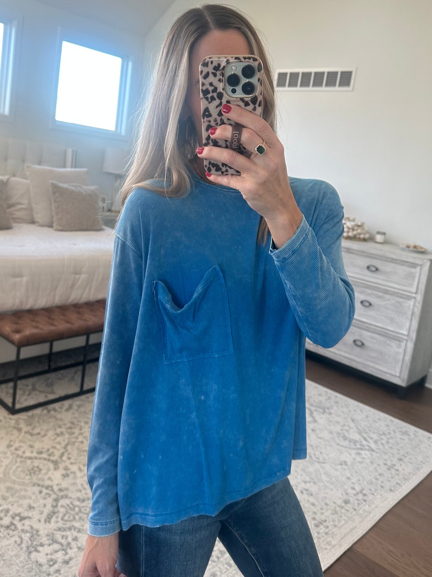 Long Sleeve Pocket Tee- Blue