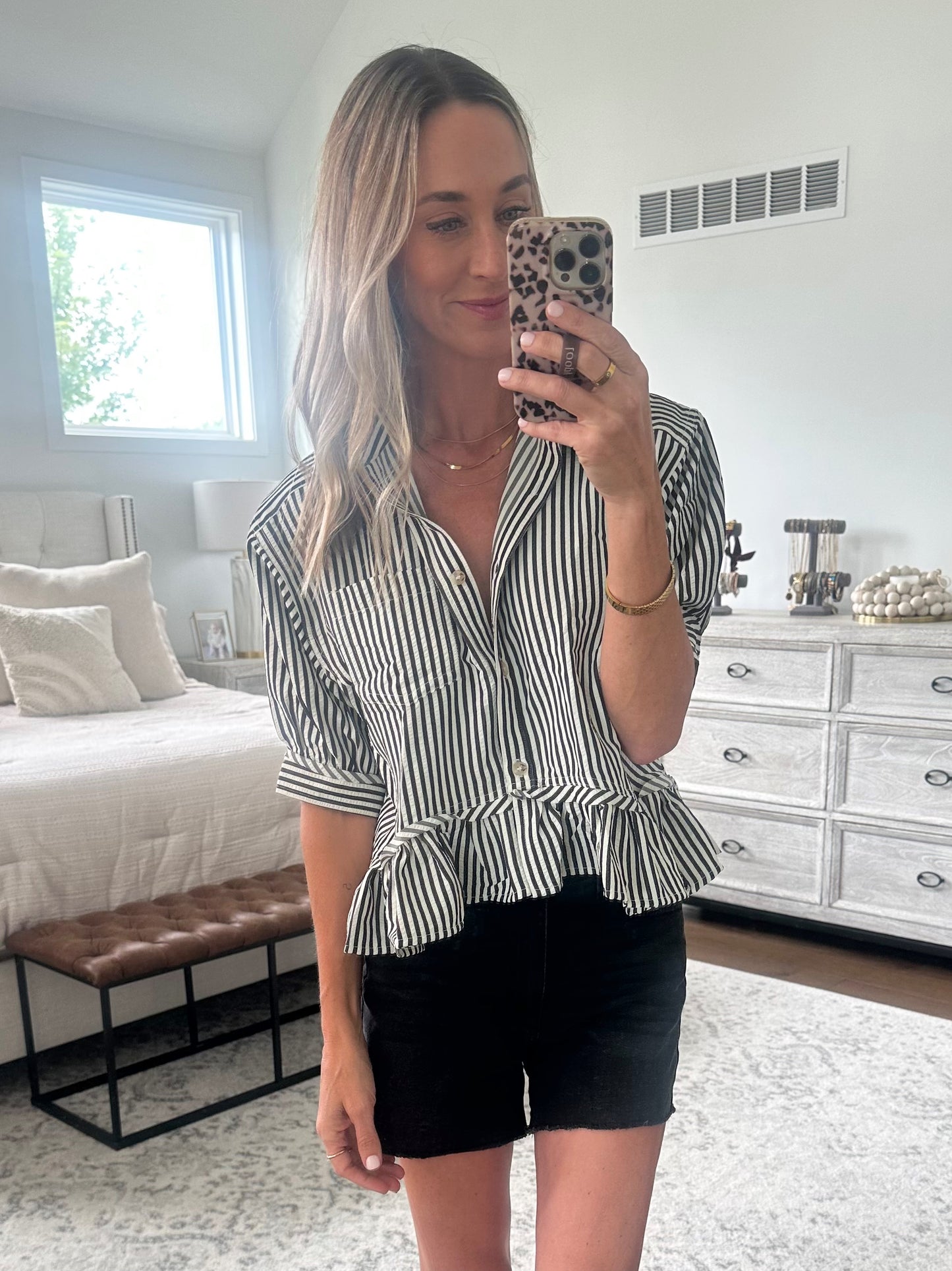 Black Striped Ruffle Hem Top
