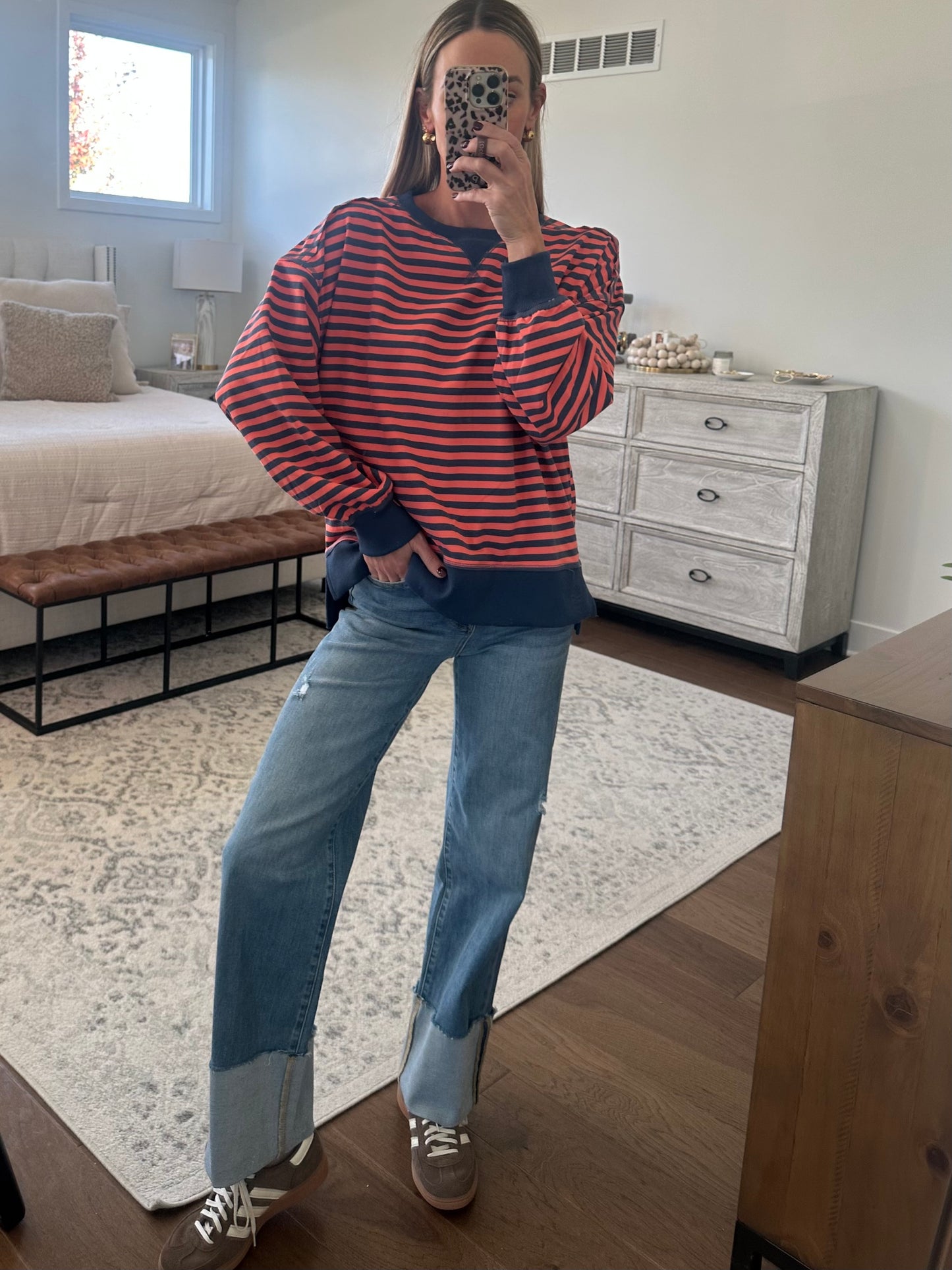 Coral & Navy Striped Top