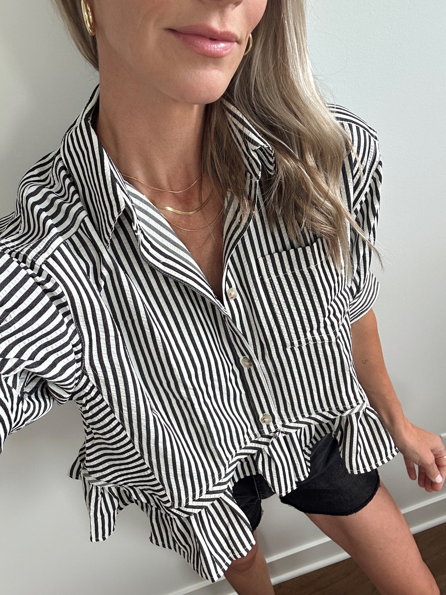 Black Striped Ruffle Hem Top