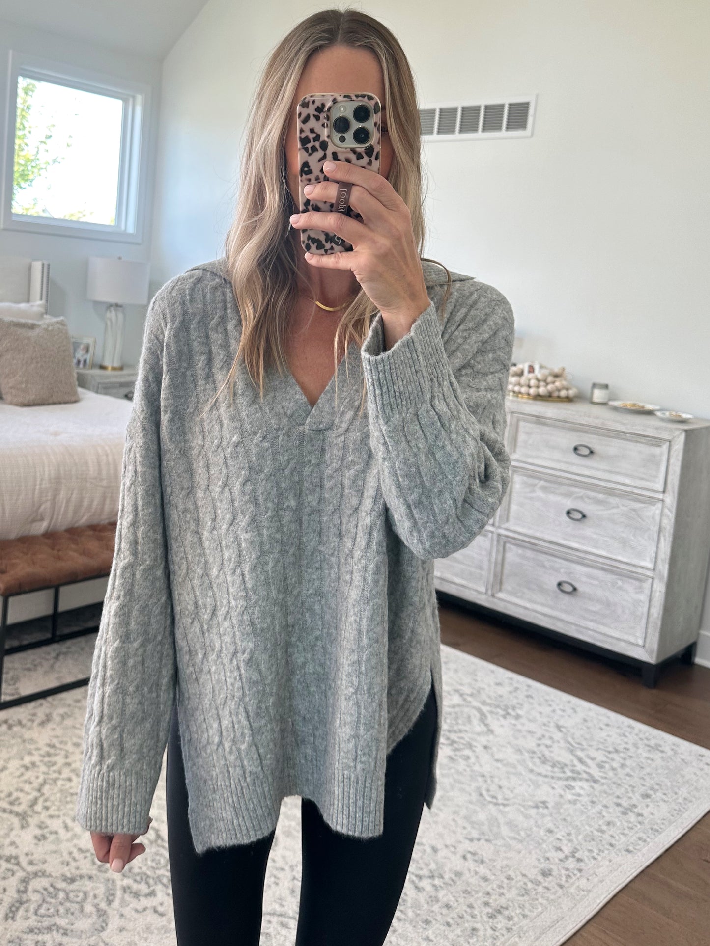Cable Knit V Neck Sweater- Grey