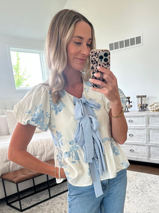 Blue Floral Bow Top