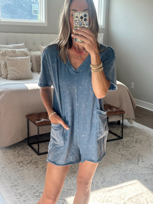 Acid Wash Romper- Blue