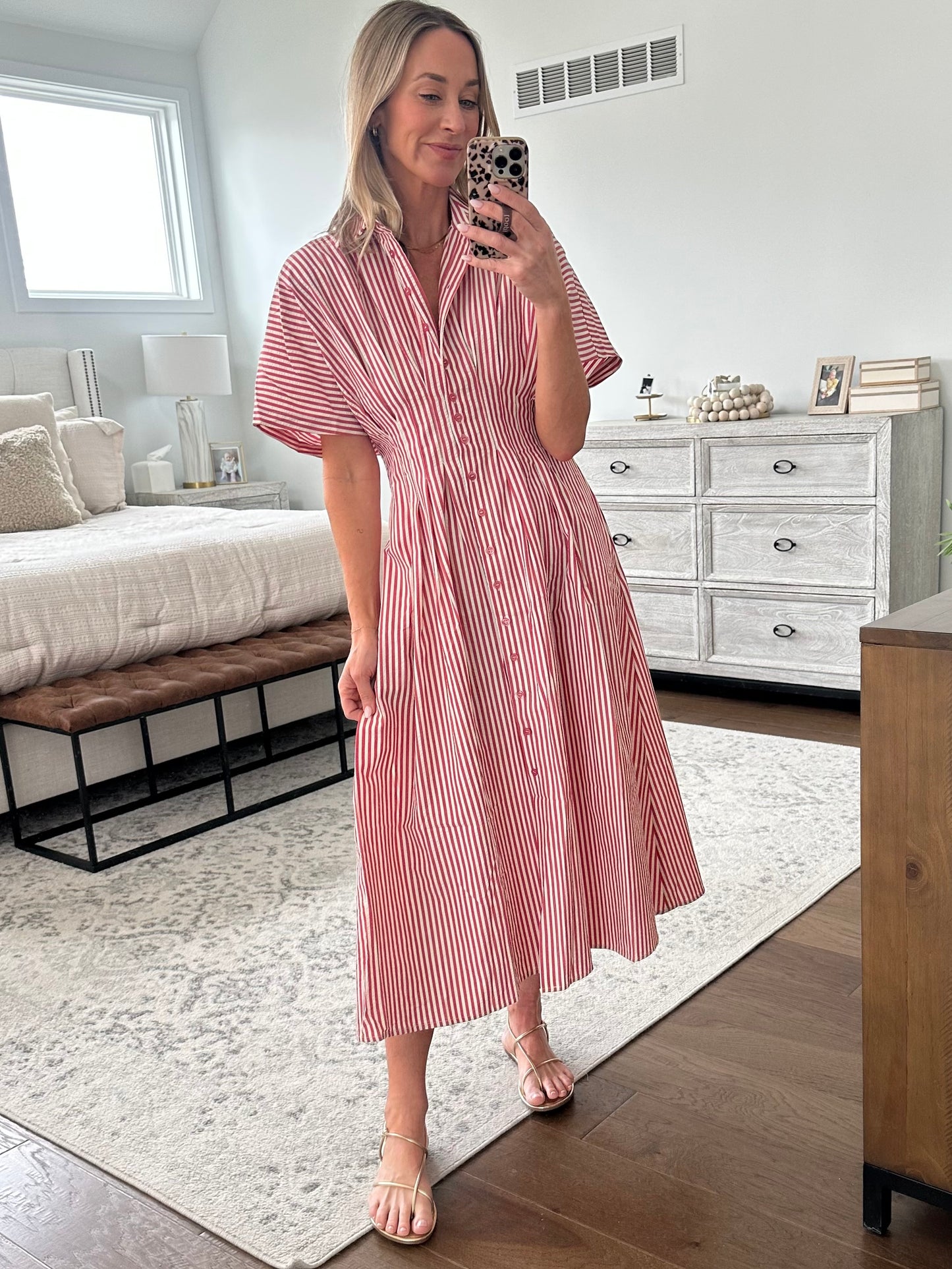 Seersucker Pintuck Dress-Red