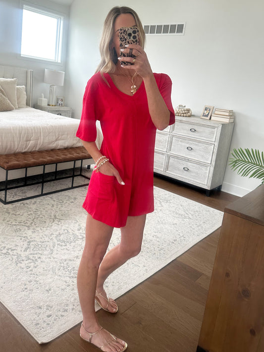 V or Scoop Romper- Cherry
