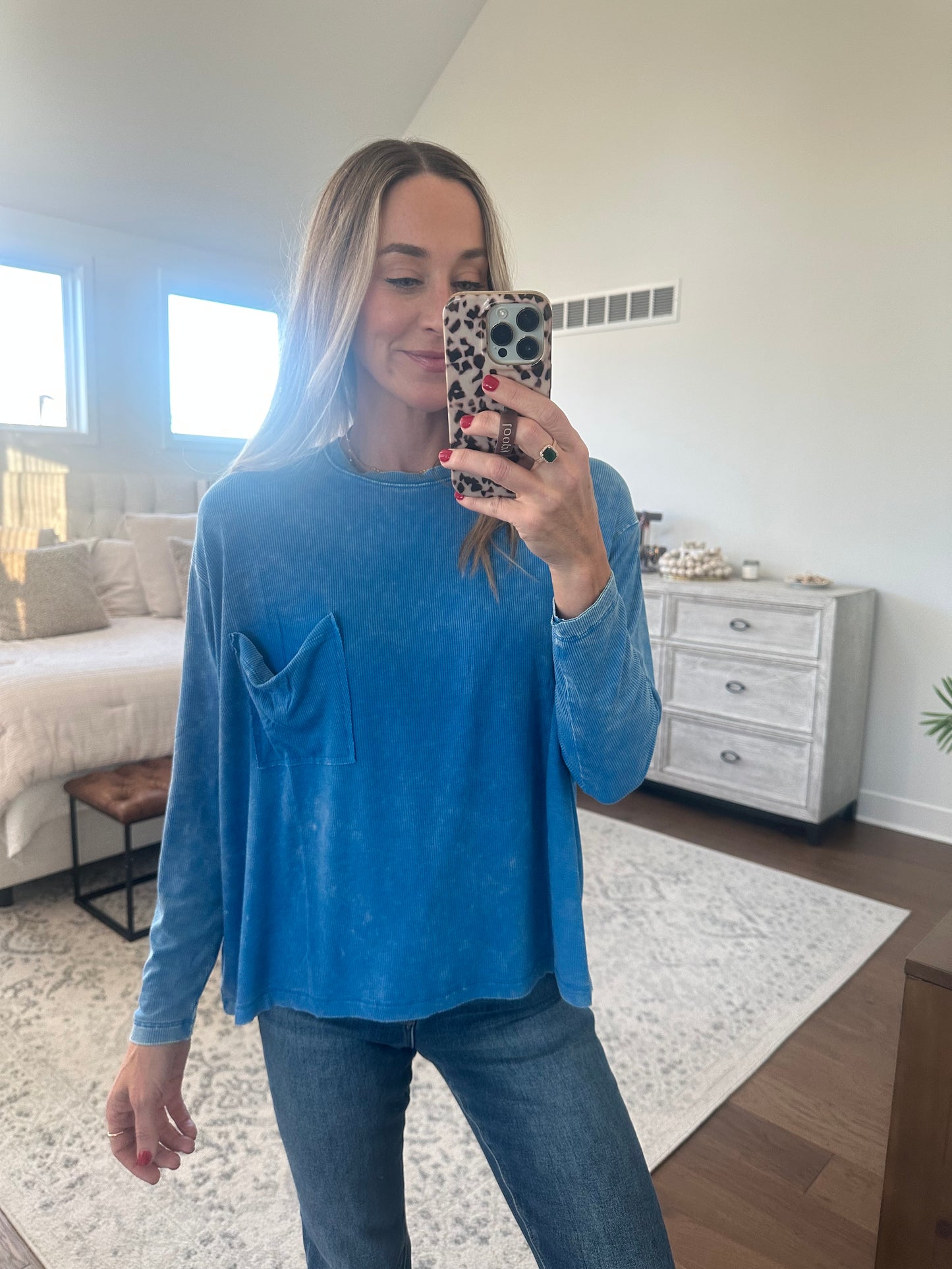 Long Sleeve Pocket Tee- Blue