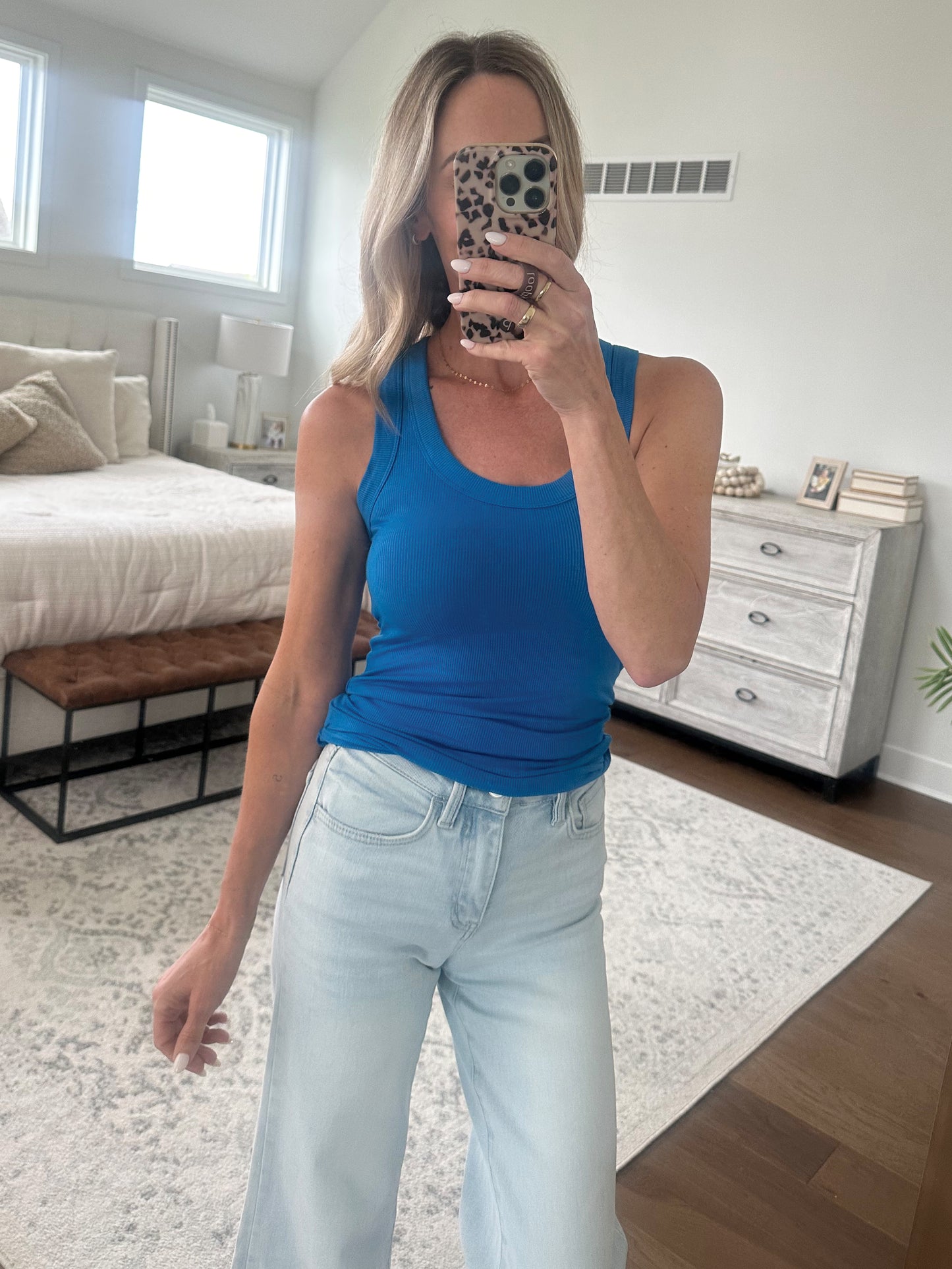 Scoop Neck Ribbed Tank- Blue