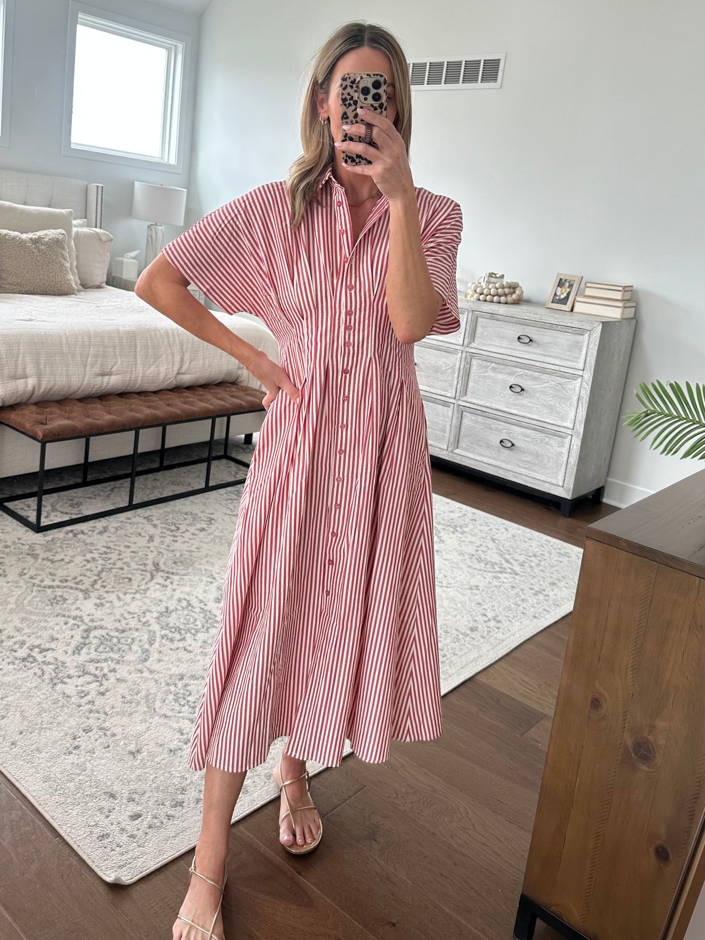 Seersucker Pintuck Dress-Red