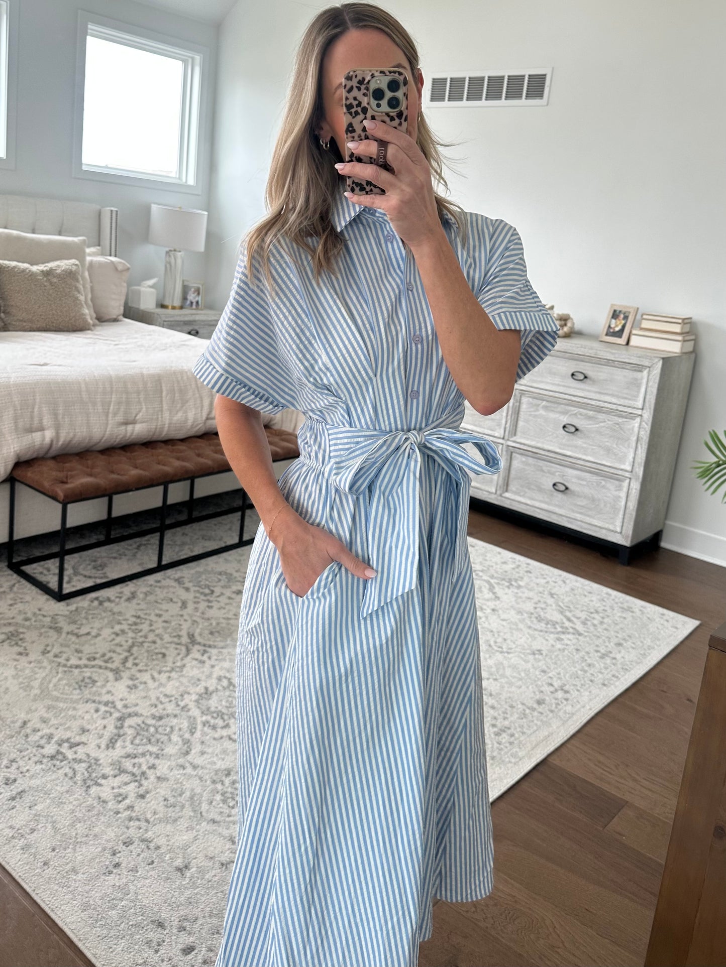 Seersucker Tie Waist Dress- Blue