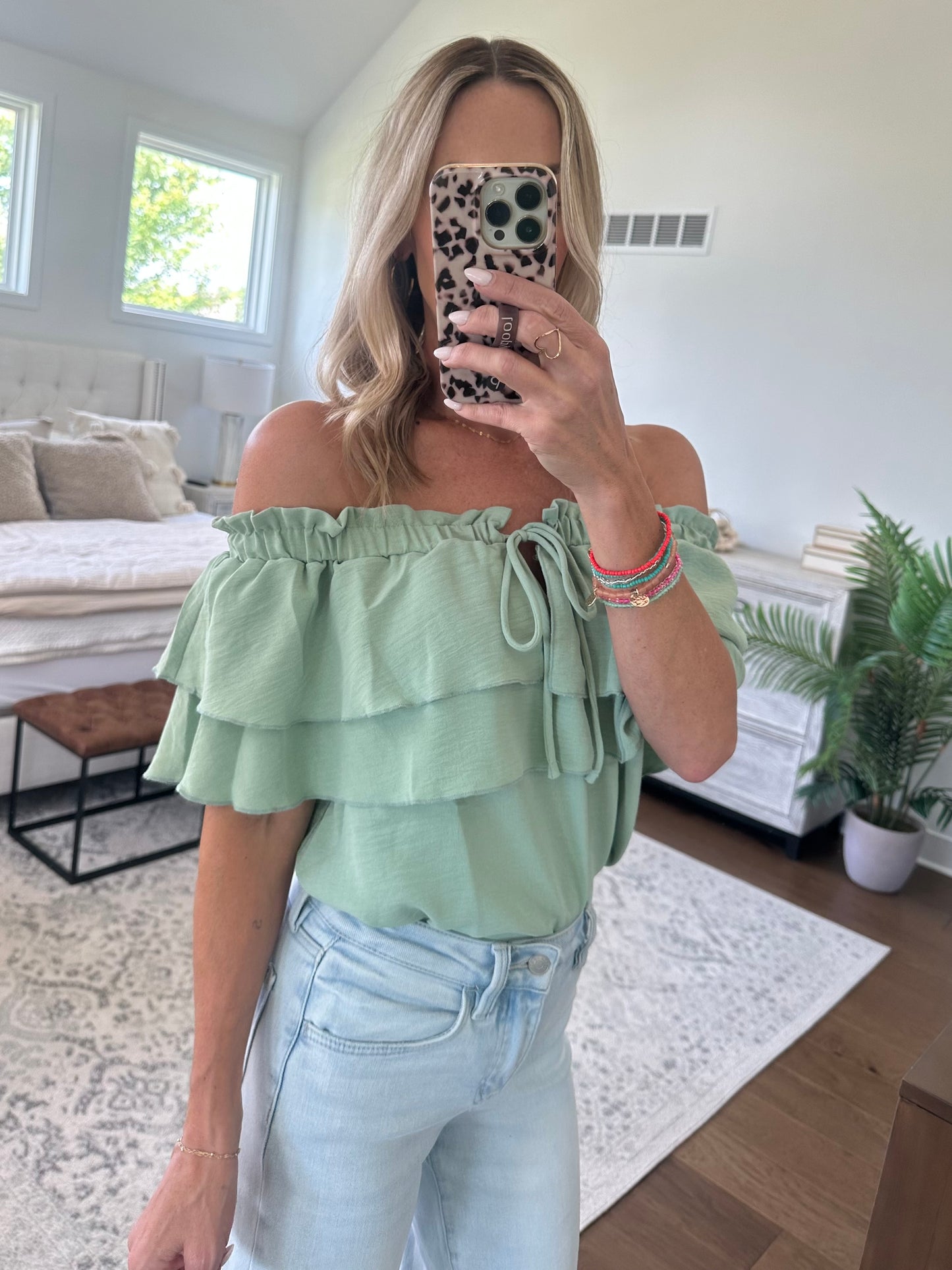 Off The Shoulder Ruffle Top- Sage